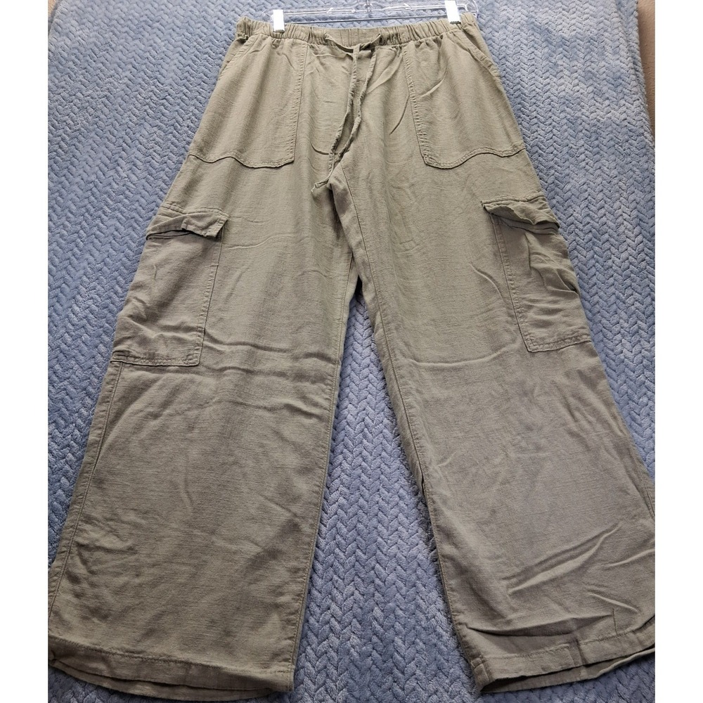 HM Sage Green Linen Blend Wide Leg Cargo Pants Size Medium Drawstring Utility